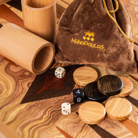 ΤΑΒΛΙ ΚΑΠΛΑΜΑΣ ΡΙΖΑ ΕΛΙΑΣ ΜΕ ΠΟΥΛΙΑ ΕΛΙΑΣ/OLIVE BURL (olive wood checkers) Backgammon - Manopoulos