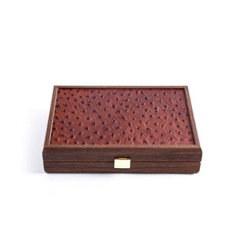DOMINO SET in Brown Leather Ostrich tote wooden case - Manopoulos