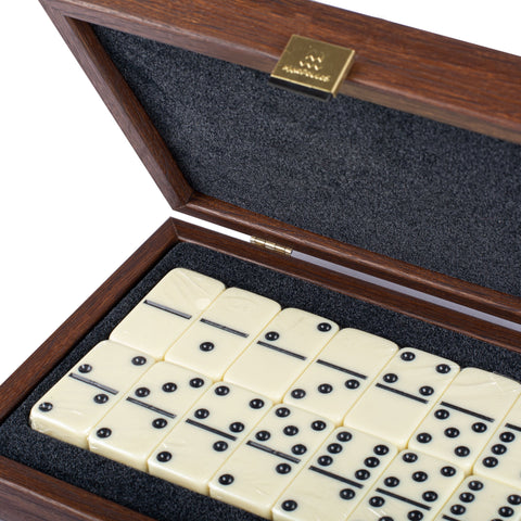 DOMINO SET in Brown Leather Ostrich tote wooden case - Manopoulos